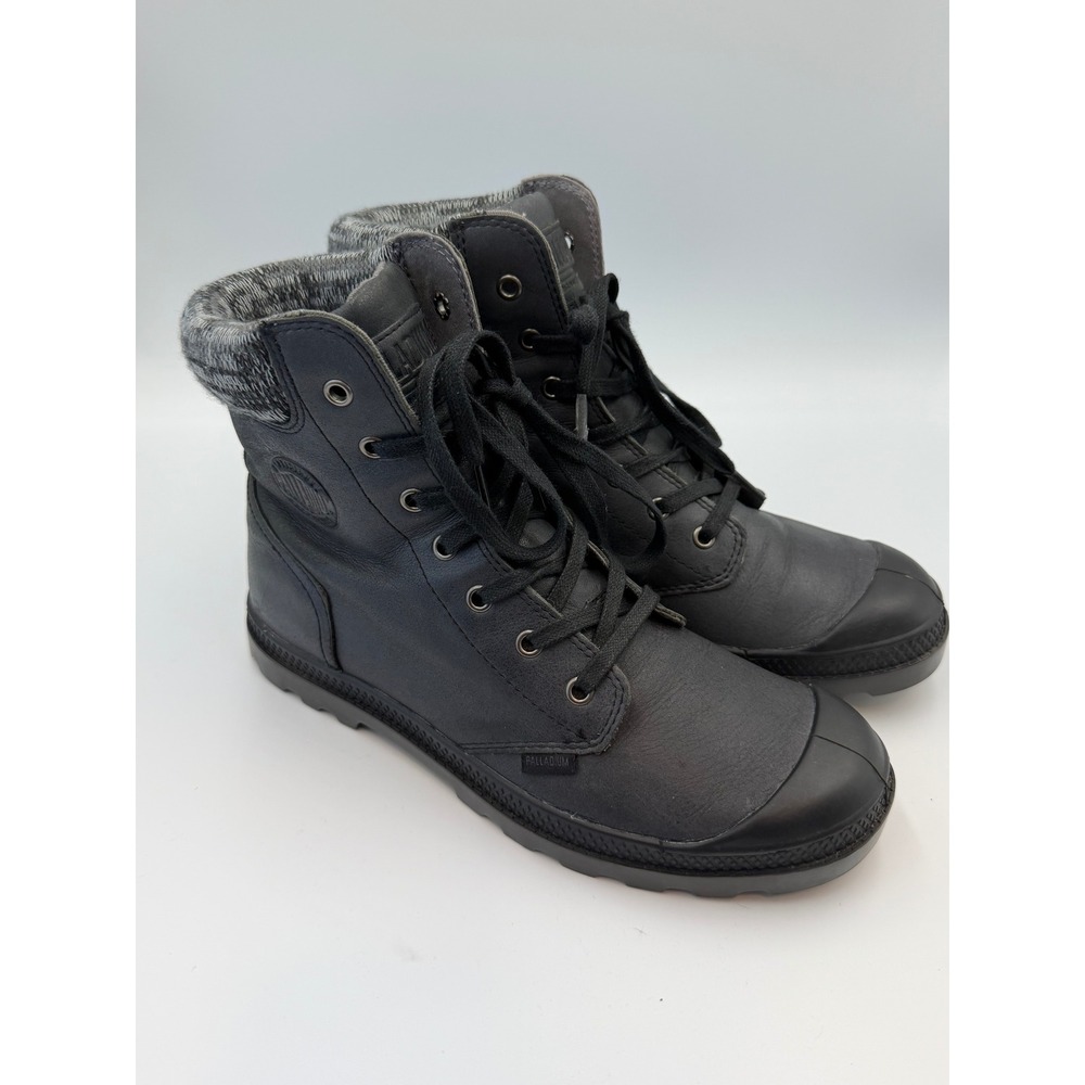 Palladium Pampa Hi Knit LP Black Leather Ankle Boots Grey Knit Collar Women 10